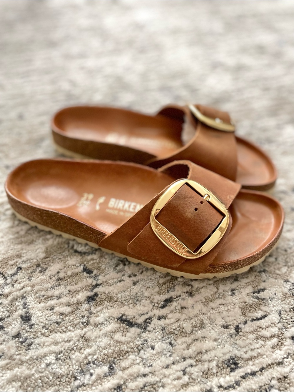 Birkenstock Madrid Big Buckle Brown Cognac 39 Size 8 Gold Slide Sandals - Picture 6 of 6